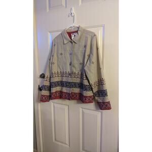 Coldwater Creek Beige Linen Blend Blazer 9with Crossstitch Design, XL